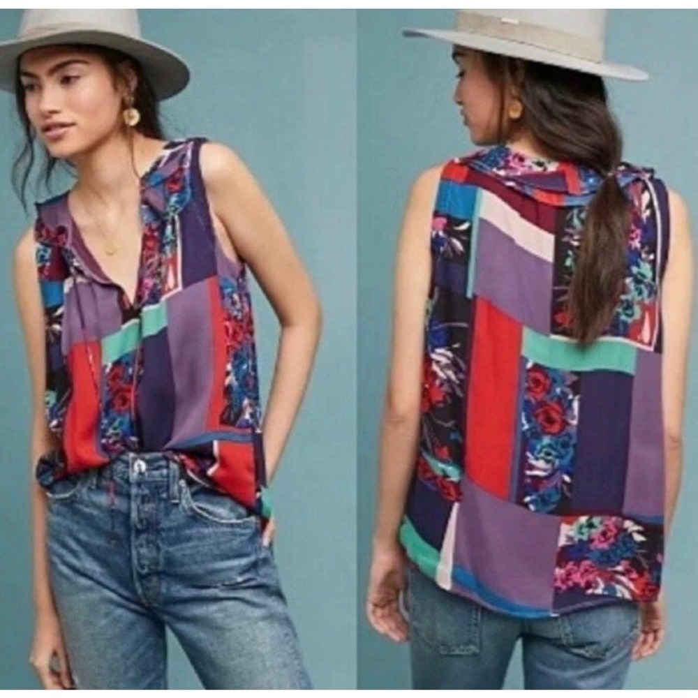 Maeve‎ Anthropologie Floral Patchwork Ruffle Tie Neck Blouse Purple Women XSP